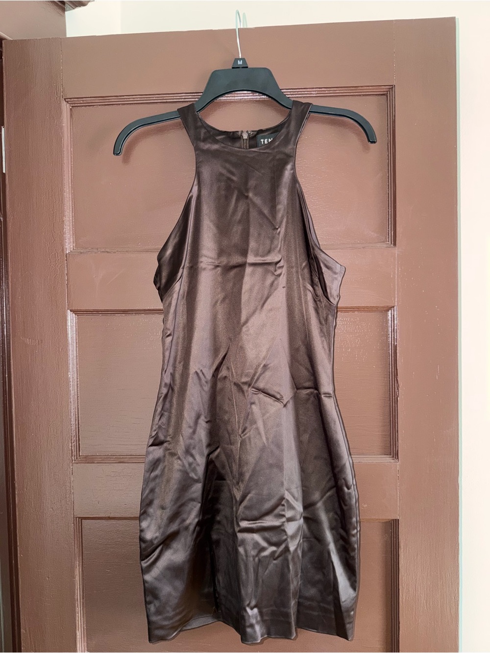 Babaton Brown Satin Halter Mini Dress